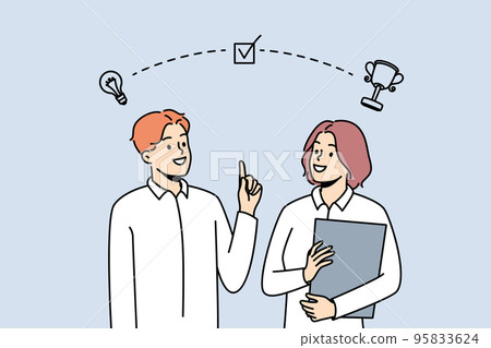 Smiling employee brainstorm for shared success Smiling employee brainstorm for shared success 95833624