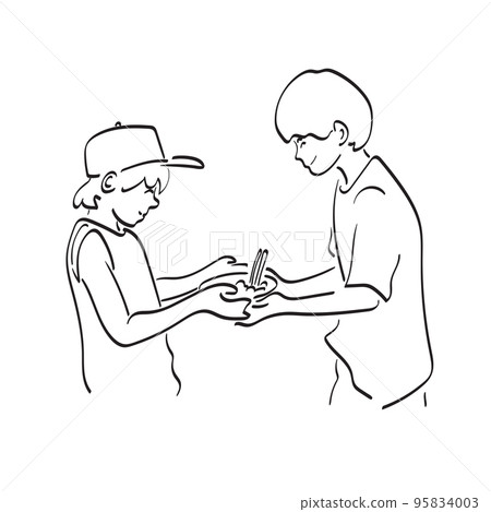 line art boy giving noodles to his friend illustration vector hand drawn isolated on white background line art boy giving noodles to his friend illustration vector hand drawn isolated on white background 95834003