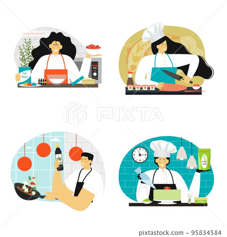Chef cooking Japanese food vector scene set 95834584