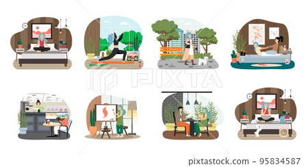 Daily life routine vector scene isolated set 95834587