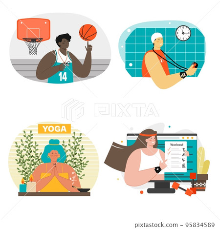 Sport fitness coach vector scene isolated set 95834589