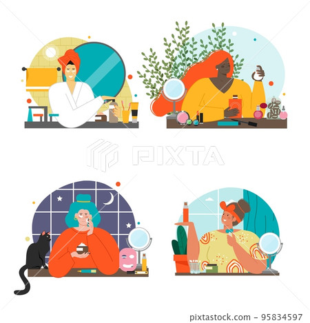 Woman testing cosmetics isolated vector scene set Woman testing cosmetics isolated vector scene set 95834597