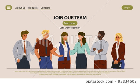 Group of diverse business people and company office staff. Join our team vector landing page and website template. Multinational business community, teamwork, man and woman employee. 95834602