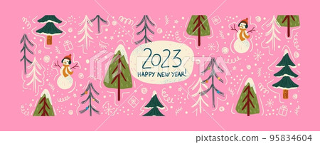 Merry christmas and happy new year background template and banner. Winter holiday vector illustration in vintage style. Christmas tree and toys. 2023 new year hand drawn card Merry christmas and happy new year background template and banner. Winter holiday vector illustration in vintage style. Christmas tree and toys. 2023 new year hand drawn card 95834604