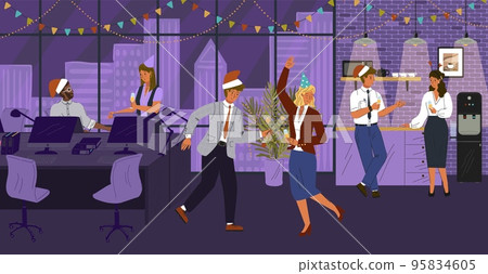 New year and Christmas party in office concept vector illustration. Happy business team celebrate xmas holiday with dancing and champagne. Office worker characters in christmas caps New year and Christmas party in office concept vector illustration. Happy business team celebrate xmas holiday with dancing and champagne. Office worker characters in christmas caps 95834605