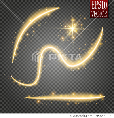 Set of magic glowing spark swirl trail effect isolated on transparent background. Bokeh glitter wave line with flying sparkling flash lights. Vector illustration Set of magic glowing spark swirl trail effect isolated on transparent background. Bokeh glitter wave line with flying sparkling flash lights. Vector illustration 95834902