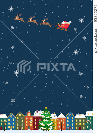 Christmas background illustration Santa Claus riding a sleigh European cityscape vertical orientation Christmas background illustration Santa Claus riding a sleigh European cityscape vertical orientation 95835275
