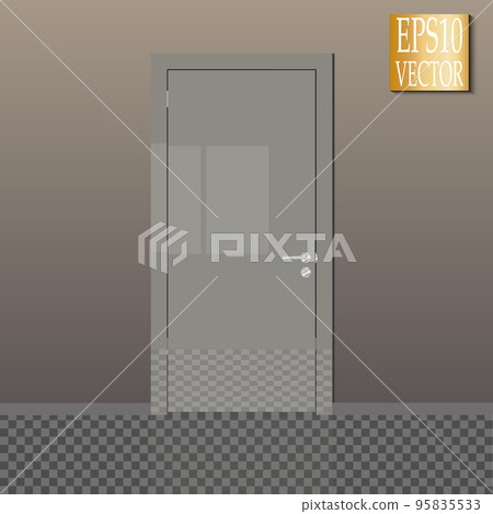 Vector closed door with frame isolated on background. Door with clear glass and Golden frame. Lacquered grey 95835533