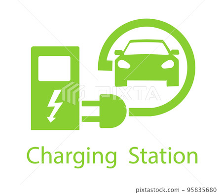Charging for electric vehicles. Logo Road sign template of electric vehicle. Vector illustration of a minimalistic flat design 95835680