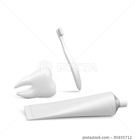Realistic tube mockup toothpaste, white tooth and toothbrush. Vector illustration 95835712