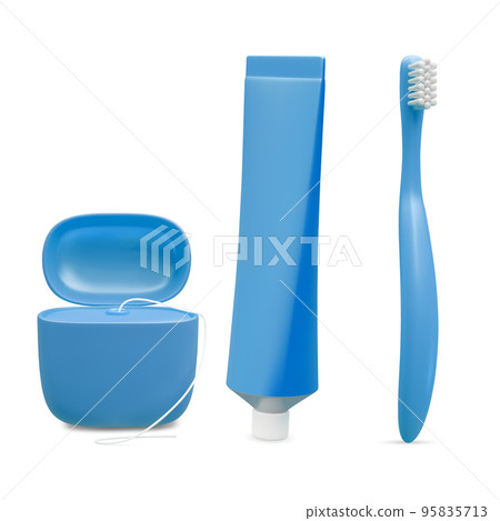 Realistic tube mockup toothpaste, dental floss and toothbrush. Vector illustration 95835713