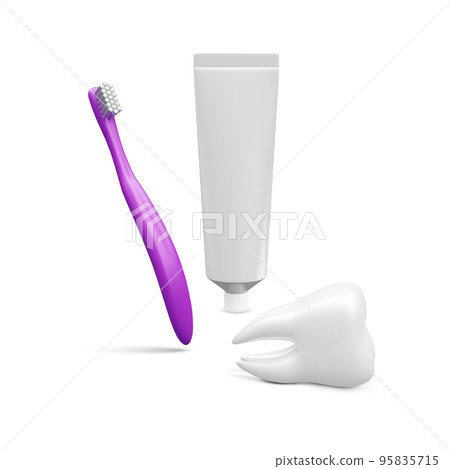 Realistic tube mockup toothpaste, white tooth and toothbrush. Vector illustration Realistic tube mockup toothpaste, white tooth and toothbrush. Vector illustration 95835715