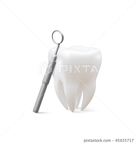 Realistic tooth and dental mirror for teeth isolated on white background. Medical dentist tool. Dentistry, healthcare, hygiene Concept. Vector illustration Realistic tooth and dental mirror for teeth isolated on white background. Medical dentist tool. Dentistry, healthcare, hygiene Concept. Vector illustration 95835717