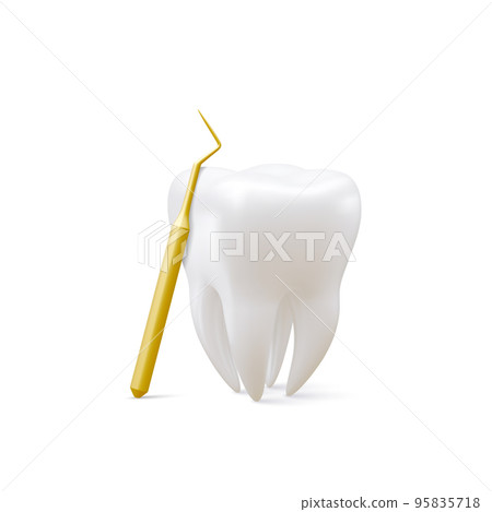 Realistic tooth and dental probe for teeth isolated on white background. Medical dentist tool. Dentistry, healthcare, hygiene Concept. Vector illustration Realistic tooth and dental probe for teeth isolated on white background. Medical dentist tool. Dentistry, healthcare, hygiene Concept. Vector illustration 95835718
