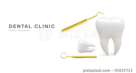Realistic tooth, dental probe and dental mirror for teeth isolated on white background. Medical dentist tool. Dentistry, healthcare, hygiene Concept. Vector illustration Realistic tooth, dental probe and dental mirror for teeth isolated on white background. Medical dentist tool. Dentistry, healthcare, hygiene Concept. Vector illustration 95835721