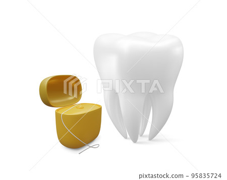 Realistic tooth and dental floss for teeth isolated on white background. Medical dentist tool. Dentistry, healthcare, hygiene Concept. Vector illustration 95835724