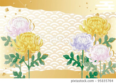 菊花花水彩插圖日本圖案背景 菊花花水彩插圖日本圖案背景 95835764