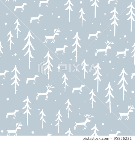 Christmas pattern with trees and deer. Happy New Year nature forest seamless background. Vector winter holidays print for textile, wallpaper, fabric, wallpaper. 95836221