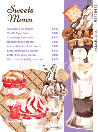 Menu template with sundae ice cream concept, watercolor style Menu template with sundae ice cream concept, watercolor style 95836451