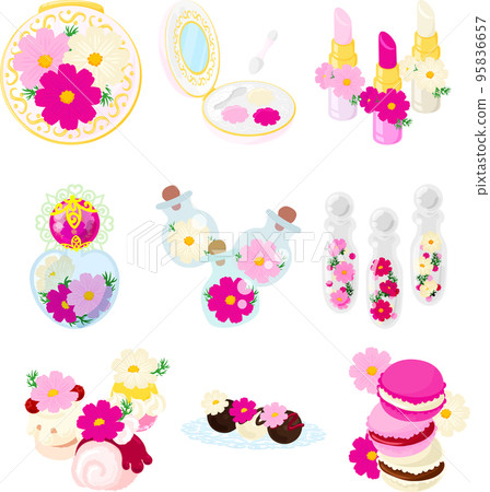Various cute cosmos miscellaneous goods icons such as lipstick, perfume, roll cake, chocolate and macaron 95836657