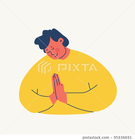 A young man folds his hands in prayer or makes a respectful bow. Smiling character makes namaste. Respectful gestures. Vector illustrations. A young man folds his hands in prayer or makes a respectful bow. Smiling character makes namaste. Respectful gestures. Vector illustrations. 95836691