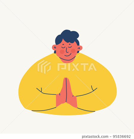 A young man folds his hands in prayer or makes a respectful bow. Smiling character makes namaste. Respectful gestures. Vector illustrations. A young man folds his hands in prayer or makes a respectful bow. Smiling character makes namaste. Respectful gestures. Vector illustrations. 95836692