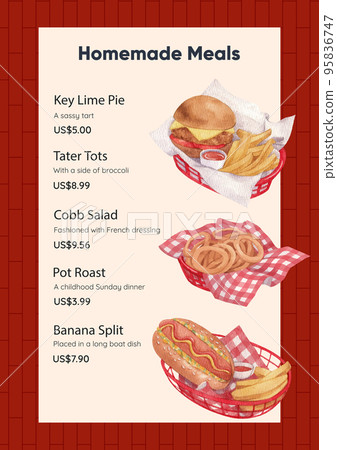 Menu template with American fastfood concept, watercolor style Menu template with American fastfood concept, watercolor style 95836747