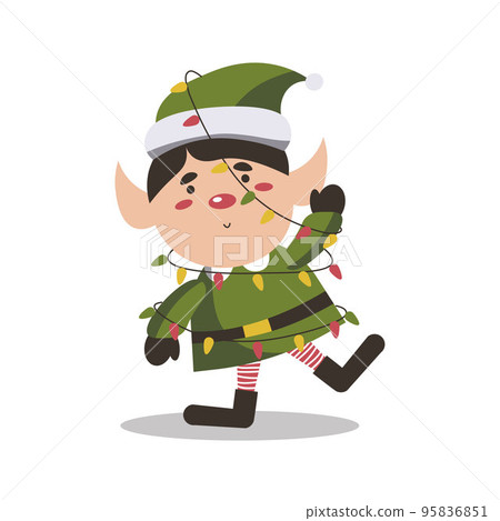 Cute christmas elf Happy childish xmas dwarf demonstrate holiday poster. Flat vector cartoon illustration of joyous santa helper isolated on white EPS Cute christmas elf Happy childish xmas dwarf demonstrate holiday poster. Flat vector cartoon illustration of joyous santa helper isolated on white EPS 95836851