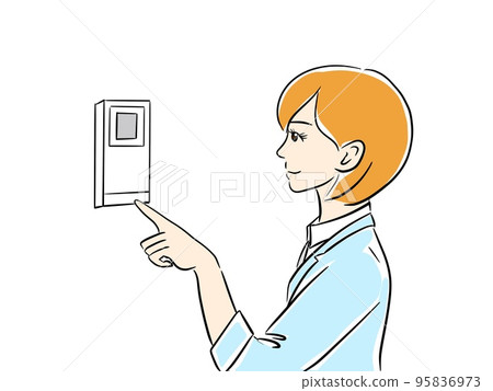 Woman pushing TV monitor phone 95836973