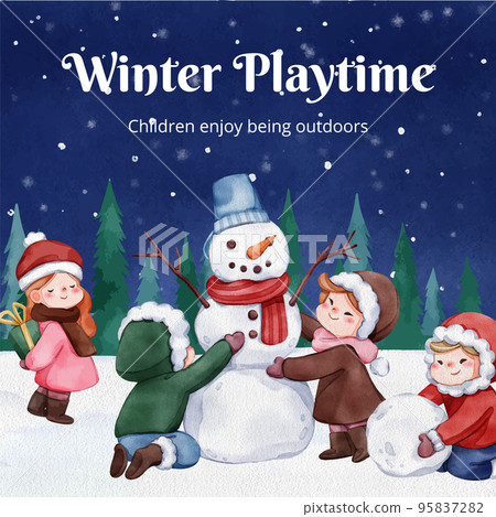 Instgram post template with children enjoy winter concept, watercolor style 95837282