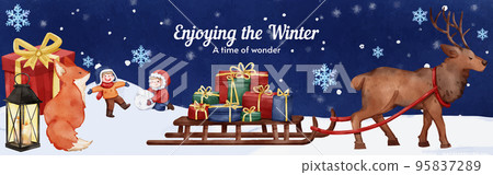 Facebook ads template with children enjoy winter concept, watercolor style Facebook ads template with children enjoy winter concept, watercolor style 95837289