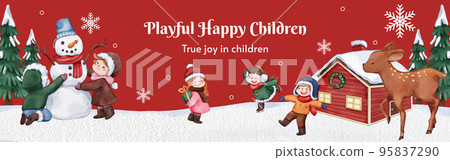 Facebook ads template with children enjoy winter concept, watercolor style Facebook ads template with children enjoy winter concept, watercolor style 95837290