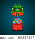 Open gift box with vector mountain of gems 95837497