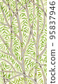 A vertical illustrated design of tree branches with green leaves on a beige background 95837946
