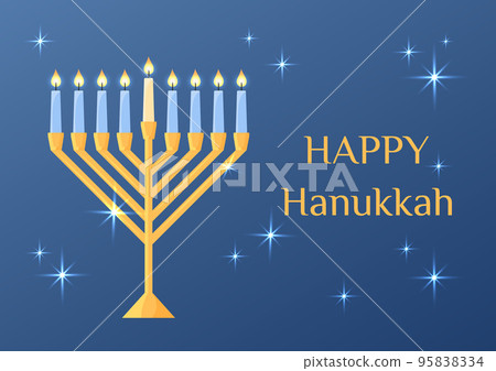 Happy Hanukkah greeting card. Vector illustration with traditional Jewish religious holiday symbol. Shiny chanukiah candle holder. Menorah with burning candles Happy Hanukkah greeting card. Vector illustration with traditional Jewish religious holiday symbol. Shiny chanukiah candle holder. Menorah with burning candles 95838334