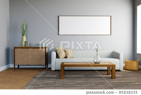 Bright living room interior with large window and white poster Bright living room interior with large window and white poster 95838335