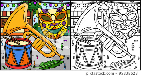 Mardi Gras Trumpet, Drum And Mask Illustration Mardi Gras Trumpet, Drum And Mask Illustration 95838628