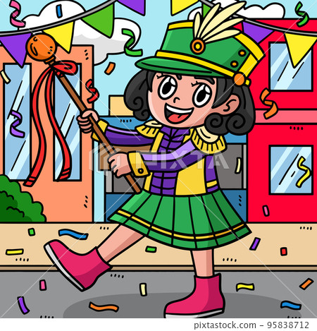 Mardi Gras Majorette Colored Cartoon Illustration Mardi Gras Majorette Colored Cartoon Illustration 95838712