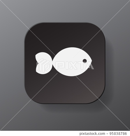 Black square button with white fish outline icon, white fish on the plate. Flat symbol sign vector illustration isolated on gray background. Healthy nutrition concept 95838786