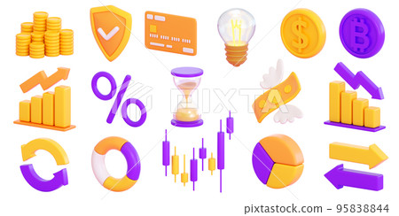 3d finance and business icons set. Money, stock exchange, business investment, trading and finance concept. Realistic 3d high quality render 95838844
