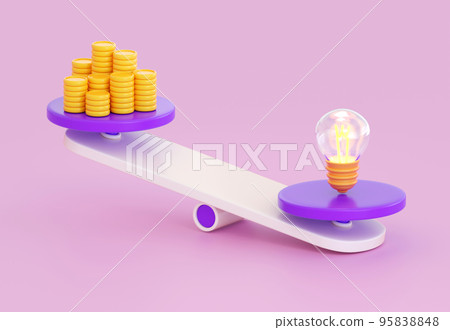 3d scale icon with coins stack and lightning bulb. Weight, comparison, money safe, exchange, idea, management and investing concept. Realistic 3d high quality render 95838848