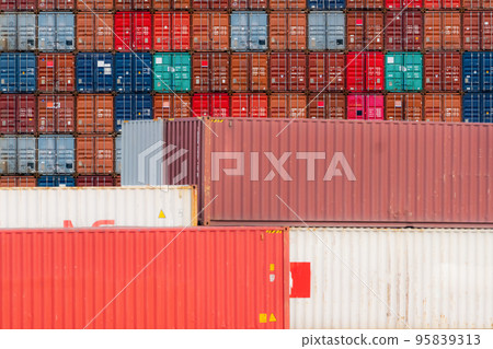 Stack of logistics container. Cargo and shipping business. Container ship for export logistics. Logistic industry. Container for truck, ship, and air logistics. Container depot service and transport. Stack of logistics container. Cargo and shipping business. Container ship for export logistics. Logistic industry. Container for truck, ship, and air logistics. Container depot service and transport. 95839313