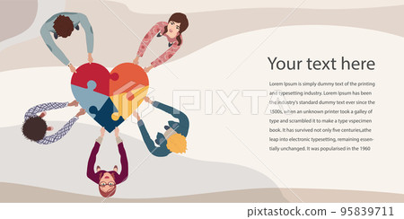 Banner - Template Group of people in circle top view multicultural volunteers holding a heart with puzzle pieces.NGO.Aid.Community of friends or volunteers for help or social assistance 95839711