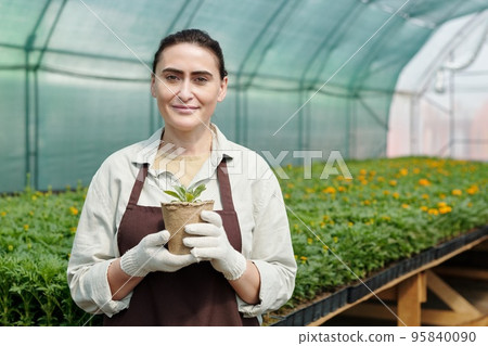 Photo realistic digital collage of happy female gardener holding fiber pot Photo realistic digital collage of happy female gardener holding fiber pot 95840090