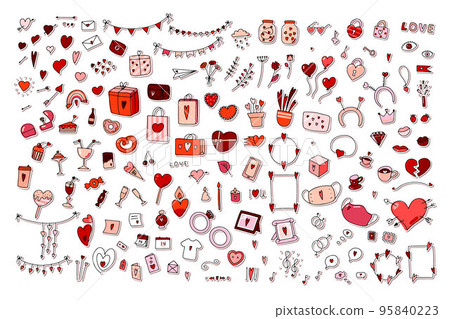 Doodle Valentines Day stickers set. Hand-drawn love symbols Doodle Valentines Day stickers set. Hand-drawn love symbols 95840223