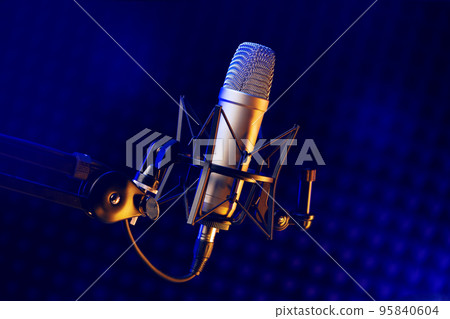 Close up of professional microphone in recording studio Close up of professional microphone in recording studio 95840604