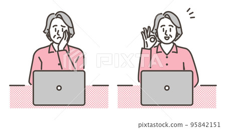 一位在筆記本電腦前思考並樂於解決煩惱的高級女性[矢量圖素材] 95842151