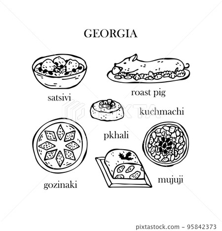 Vector set of illustrations of Georgian Christmas dishes. New Year. Traditional Georgian food. 95842373
