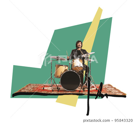 Modern creative artwork, design. Contemporary art collage of young man playing drums isolated over colorful background. Concept of music lifestyle, jazz, rock, rock n roll, creativity, imagination Modern creative artwork, design. Contemporary art collage of young man playing drums isolated over colorful background. Concept of music lifestyle, jazz, rock, rock n roll, creativity, imagination 95843320
