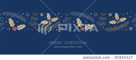 christmas greeting card banner with fir branches and holly berry border christmas greeting card banner with fir branches and holly berry border 95843327